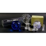 A Dartington Crystal mantel timepiece, a Waterford Crystal, a cake slice, a Swarovski double