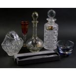 A collection of glass, to include a cut glass cylindrical decanter with stopper, and a silver whisky