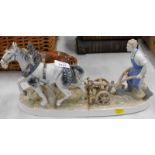 A Lladro style figure group of horses and plough, printed mark to underside S.