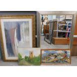 Pictures, prints, etc., to include oil on canvas church scene, mirror, etc. (a quantity)