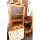 A collection of furniture, including a pine hi-fit cabinet, child's chair, an oak nest of tables,