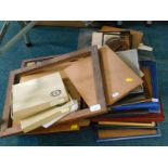 A quantity of picture frames, to include leather examples, loose glass, boxed photograph albums,