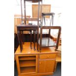 A collection of furniture, to include a nest of three mahogany tables, drop leaf table, trolley,