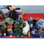 Two Compare the Meerkat toys, dolls, oriental style blue and white jar and cover, other decorative