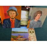 Various pictures, prints, etc., to include a quantity oil on board portraits, landscapes, print of a