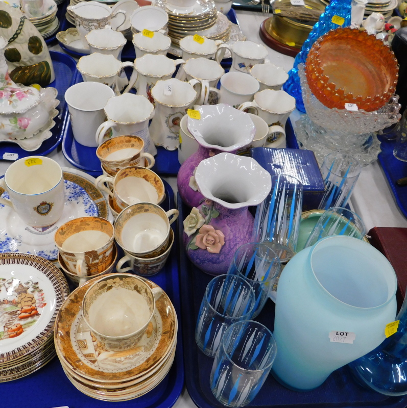 A quantity of commemorative mugs, part oriental style teawares, drinking glasses, frosted glass