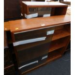 A walnut and a teak bookcase, each with sliding glass doors and a teak effect open bookcase.