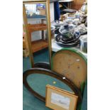 An oak framed oval wall mirror, bagatelle board, Suffolk Shore, watercolour on paper, other mirrors,