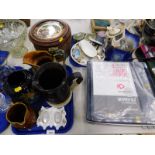 A quantity of Wedgwood cabinet plates, studio pottery jug, Aiwa turn table, with lead, Portmeirion
