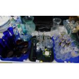 Glassware, to include various liqueur glasses, magnifying glass, blue glass jug and glasses, trinket