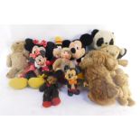 Teddies and soft toys, including a Walt Disney Mickey Mouse., Minnie Mouse and Goofy. (a quantity)
