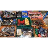 Assorted car and engine parts, tools, battery charger, snow grips, etc. (a quantity)