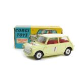 A Corgi die cast model of a Morris Mini Cooper, Competition Model, in white and pale green, with