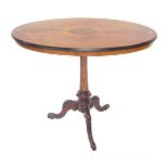 A Victorian marquetry walnut loo table, raised on a tripod base, 50cm high, 90cm wide.