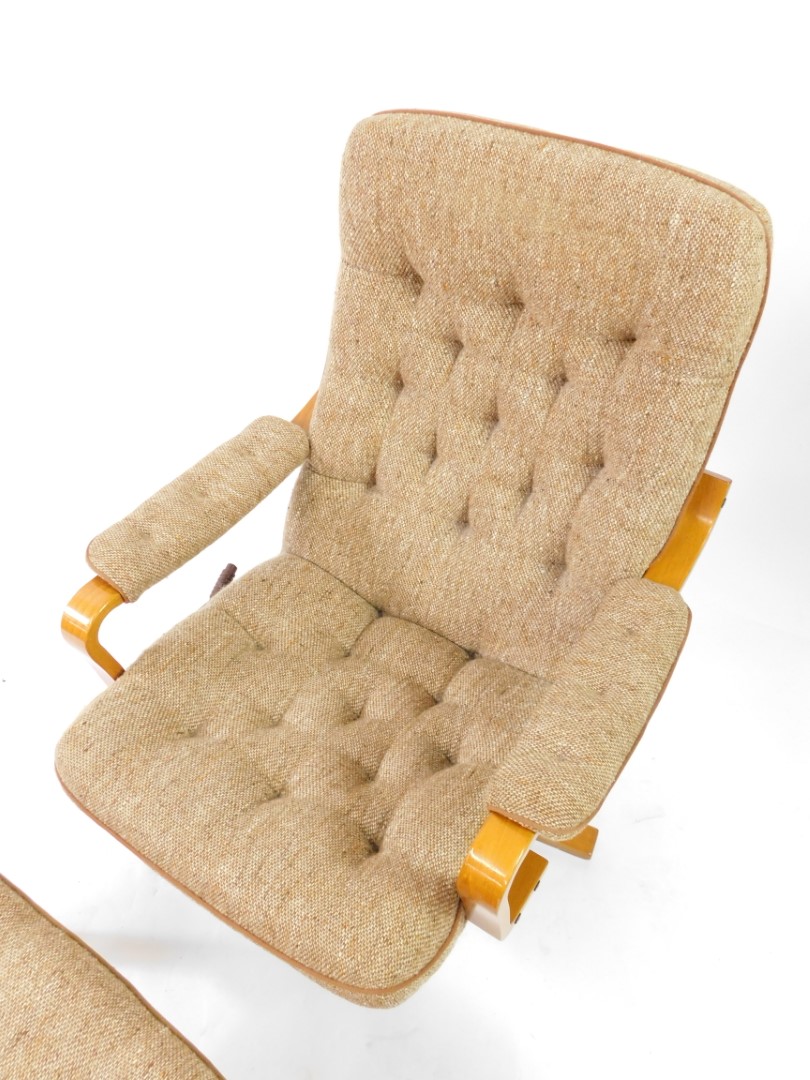 A light bentwood swivel armchair, upholstered in button back brown oatmeal fabric, together with a m - Image 2 of 3