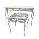 A glass topped silvered metal Roman style console table, 77cm high, 122cm wide, 42cm deep, and a mat