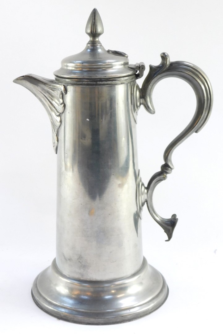 A James Dixon & Sons pewter flagon, late 19thC pewter flagon, with hinged lid, S scroll handle and e