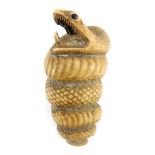 A Meiji period Japanese ivory okimono carved as a coiled snake, 42mm high.