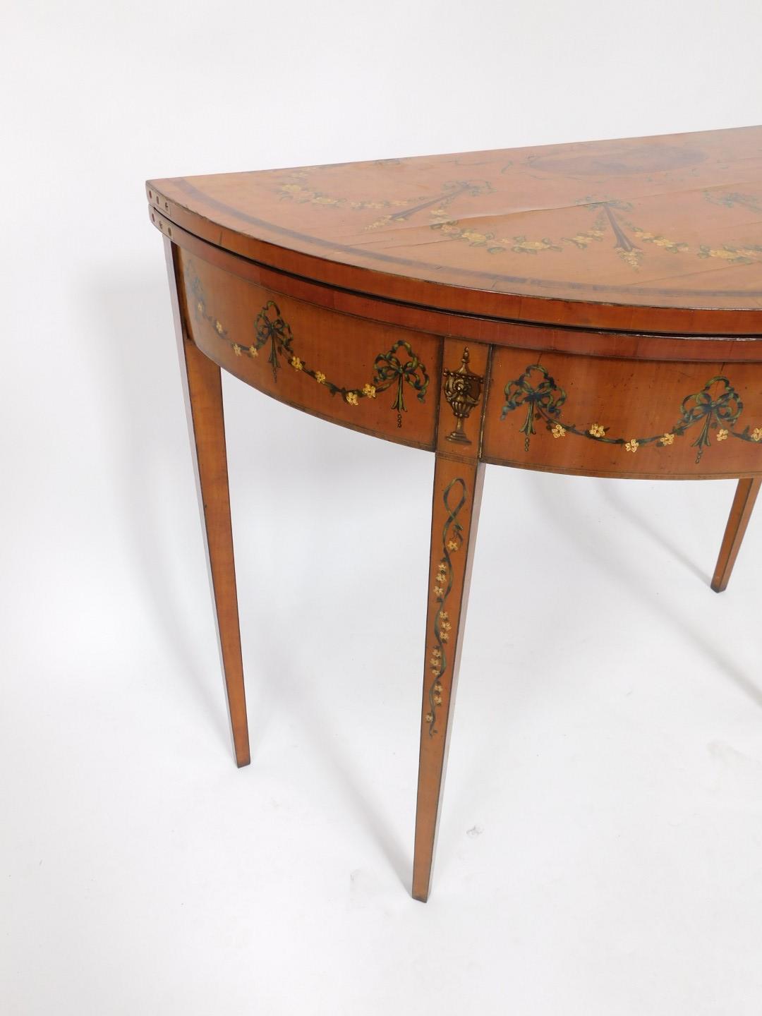 A pair of 19thC Sheraton revival hand painted satinwood demi lune card tables, with baize lined fold - Bild 13 aus 15