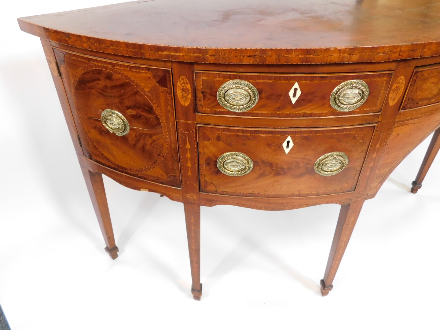 A George III mahogany demi lune sideboard, with cross banded and line inlaid top, an arrangement of - Image 7 of 11
