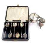 A set of six George V silver coffee spoons, cased, Birmingham 1931., together with a silver mustard