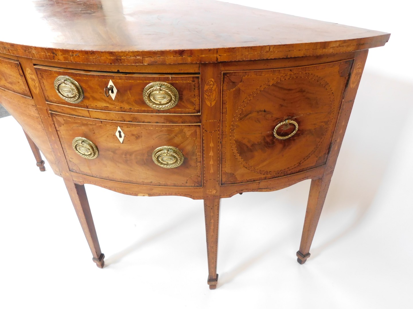 A George III mahogany demi lune sideboard, with cross banded and line inlaid top, an arrangement of - Image 5 of 11