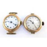 A lady's 9ct gold circular cased wristwatch, white enamel dial bearing Roman numerals, together with