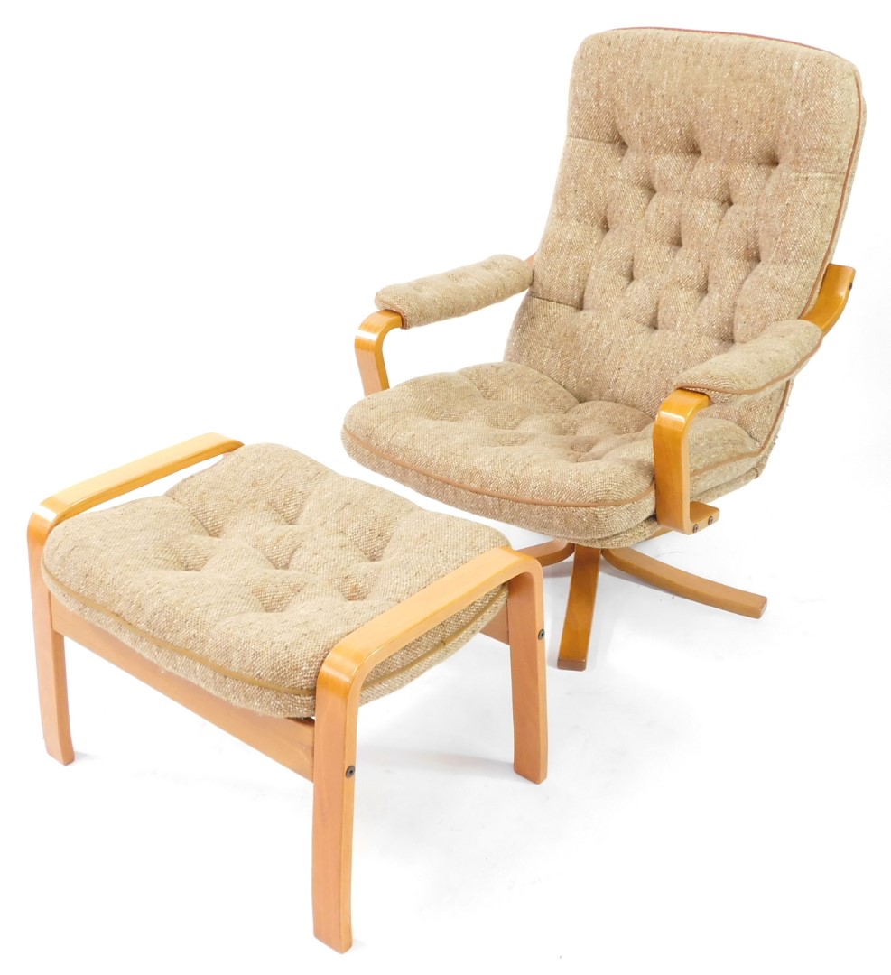 A light bentwood swivel armchair, upholstered in button back brown oatmeal fabric, together with a m