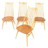 A set of four Ercol light elm and ash Goldsmith Windsor single dining chairs.