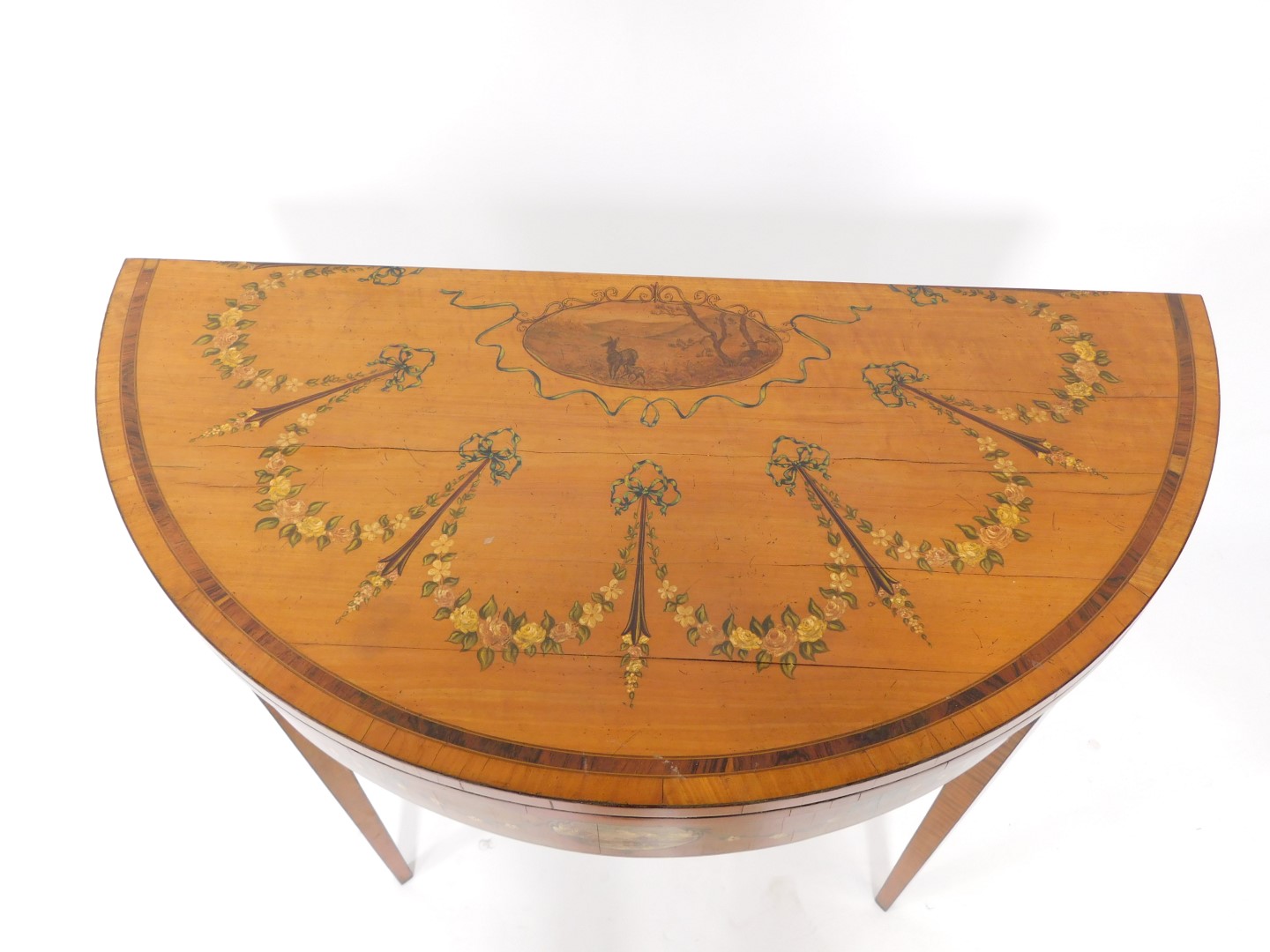 A pair of 19thC Sheraton revival hand painted satinwood demi lune card tables, with baize lined fold - Bild 10 aus 15