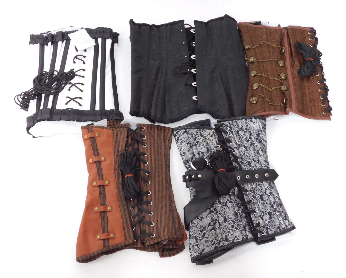 Five Steam Punk style corsets, various sizes, colours and sizes.