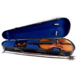 A violin, with a two piece back, 59cm wide, together with two bows, coffin cased.