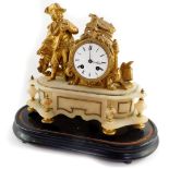 A late 19thC French gilt spelter and marble mantel clock, circular enamel dial bearing Roman numeral