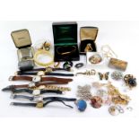 Silver and costume jewellery, including brooches, lady's wristwatches, pendants on chains, together