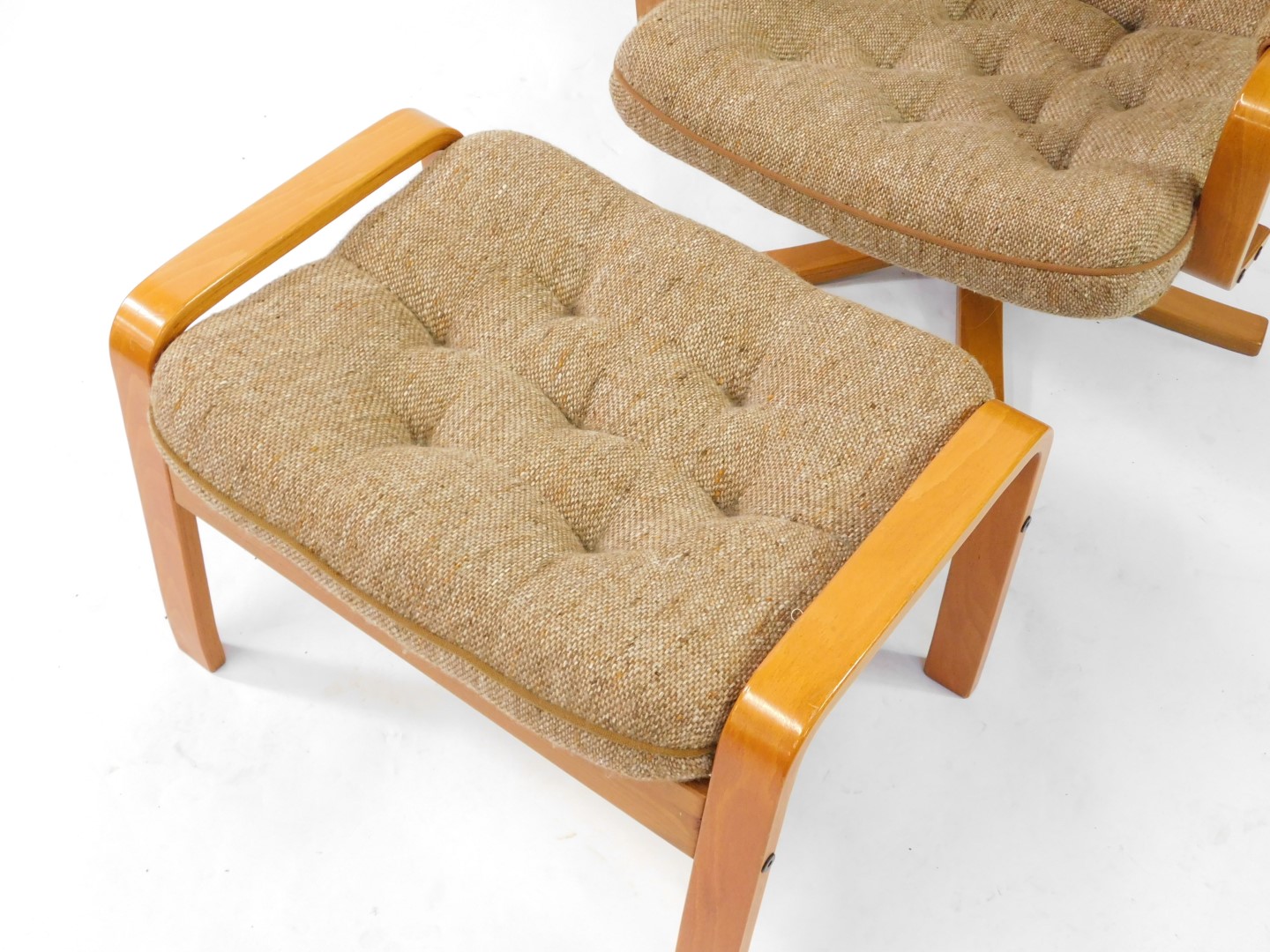 A light bentwood swivel armchair, upholstered in button back brown oatmeal fabric, together with a m - Image 3 of 3