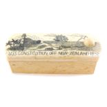 A modern bone scrimshaw toothpick box, decorated with the USS Constitution of New Zealand 1832, toge