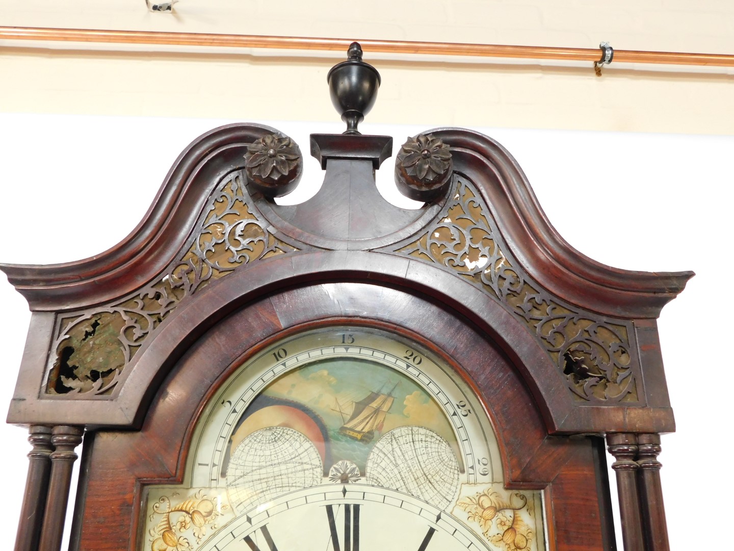 Joseph Wilson of Stamford. An early 19thC flame mahogany longcase clock, the enamel break arch dial - Bild 9 aus 11