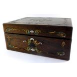 A Victorian rosewood work box, with mother of pearl and brass floral inlay, inner tray lacking, 14cm