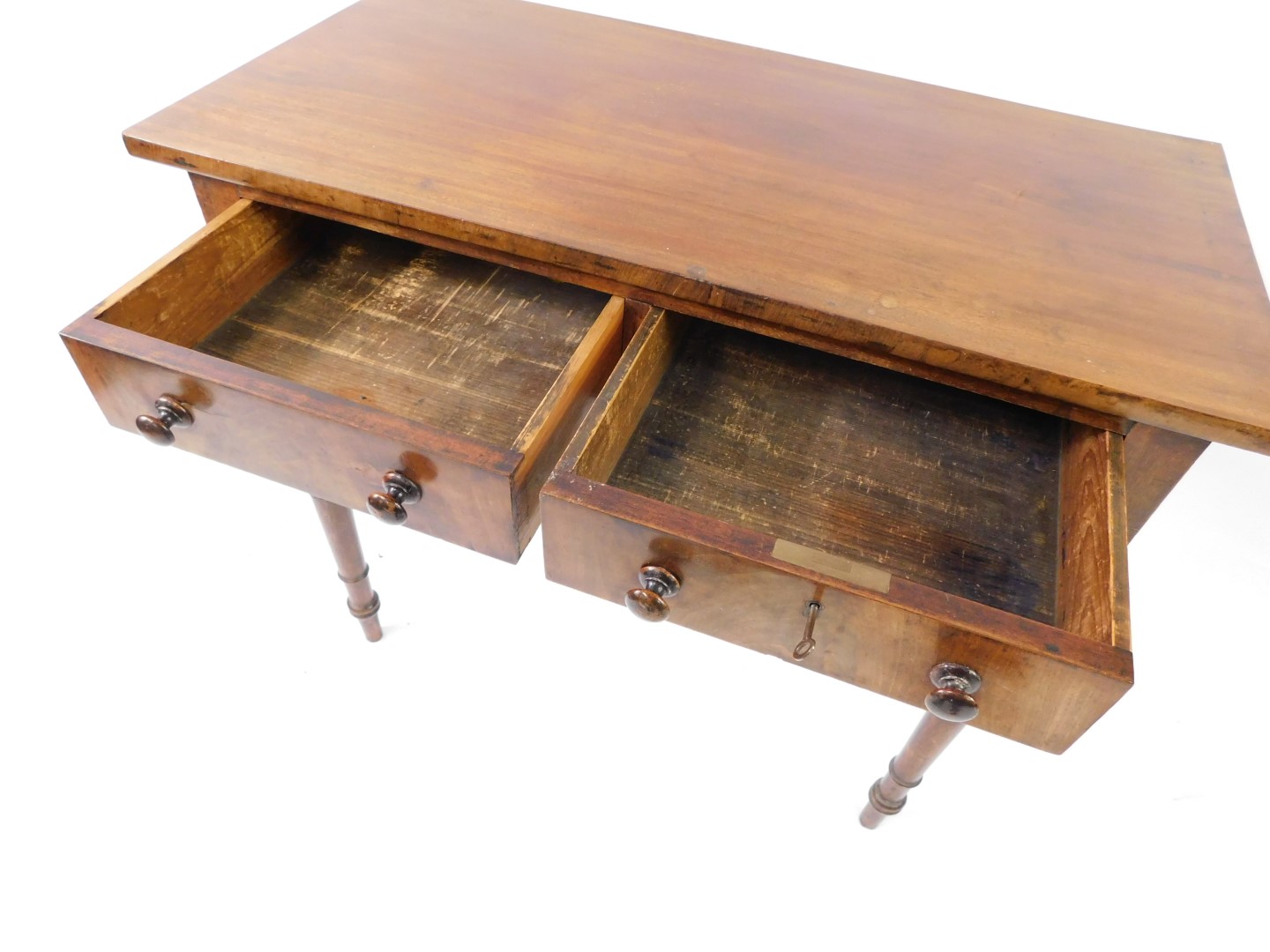 A late Georgian mahogany side table, with two frieze drawers, one lockable, raised on ring turned le - Bild 3 aus 3
