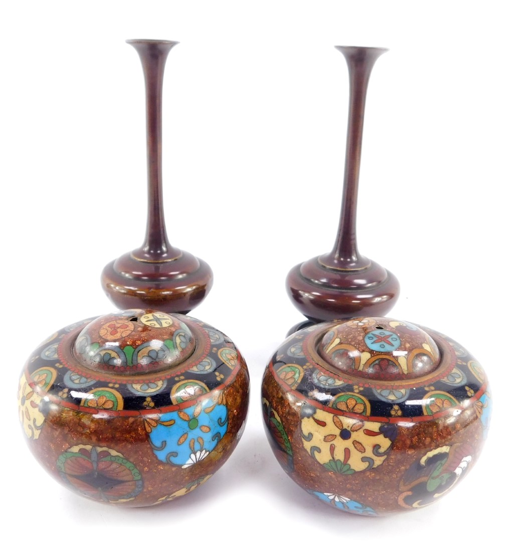 A pair of Qing Dynasty cloisonne pots and covers, of cylindrical form, decorated with birds, Buddhis
