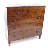 A Victorian mahogany chest, of two short over three long drawers, raised on turned legs, 118cm high,