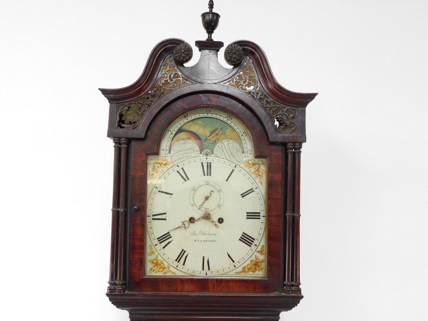 Joseph Wilson of Stamford. An early 19thC flame mahogany longcase clock, the enamel break arch dial - Bild 3 aus 11