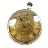 A lady's 9ct gold cased pocket watch, open face, keyless wind, engraved foliate gilt dial with chapt