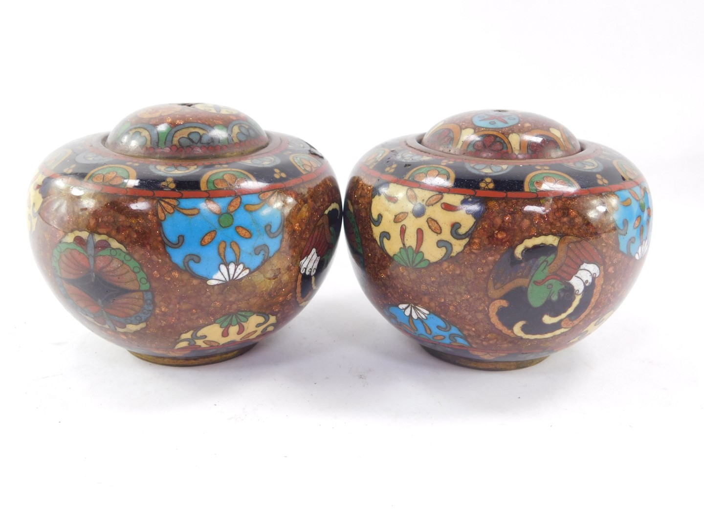 A pair of Qing Dynasty cloisonne pots and covers, of cylindrical form, decorated with birds, Buddhis - Image 3 of 4