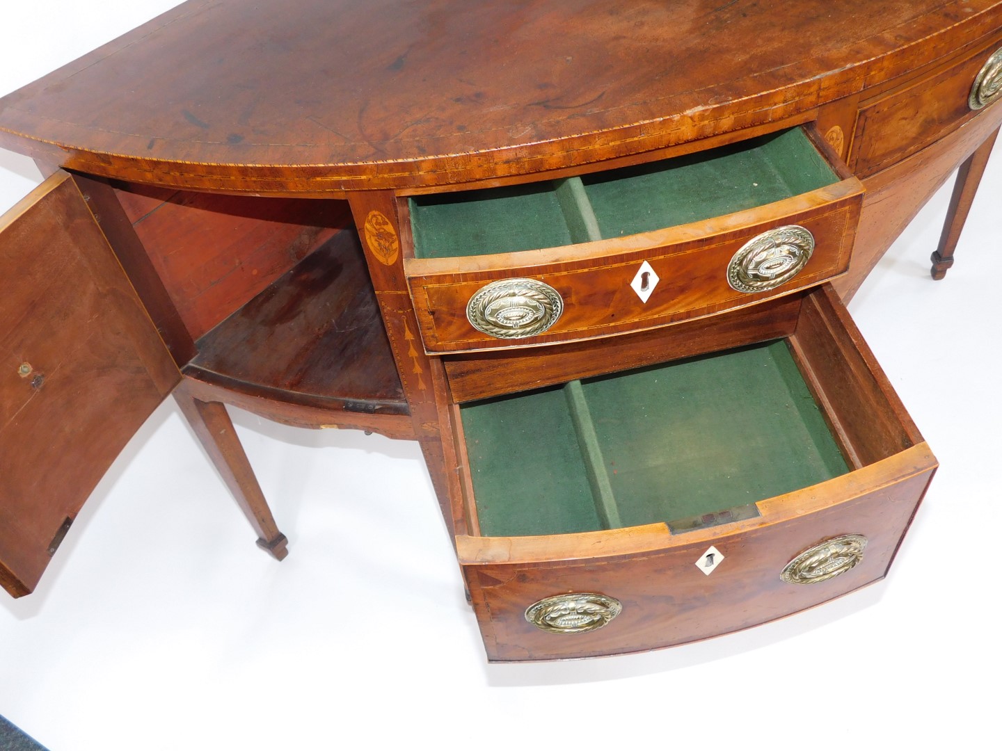 A George III mahogany demi lune sideboard, with cross banded and line inlaid top, an arrangement of - Image 11 of 11