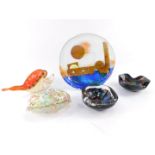 A contemporary glass dish decorated with a mosque, 24cm diameter, glass flower holder of shell form,