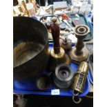 Brassware, to include a brass hand bell with turned wooden handle, brass candlestick, Eastern