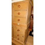 A pair of pine three drawer bedside chests, with bun handles, both 62cm high, 46cm wide, 43cm deep.