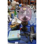 Bygones and collectables, including a Harper mincer, 25cm diameter, a brass oil lamp with pink glass