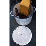 An enamel bread bin, marmalade cutter, and a kitchen rack.